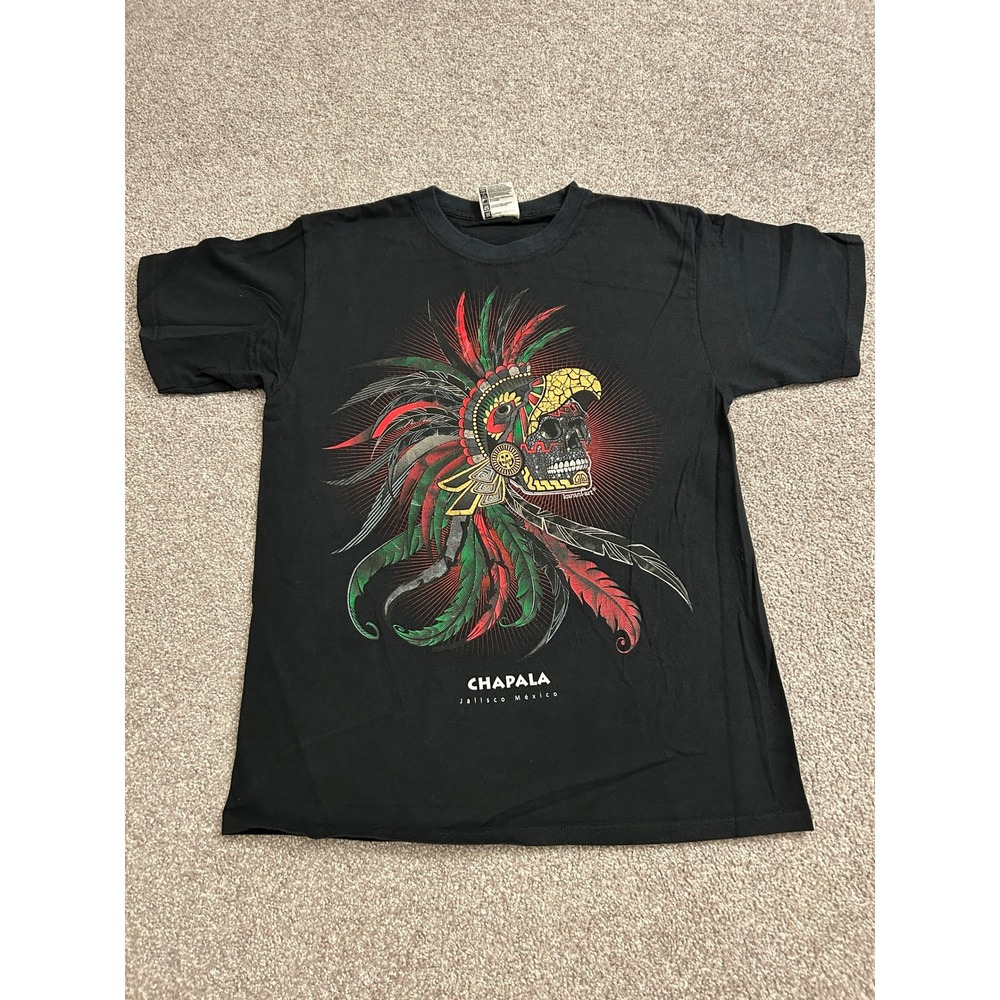 Karani Art T-Shirt Mens Medium Black Excellent Chapala Jalisco Mexico Skull Tee